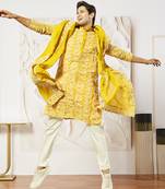 mustard floral embroidered georgette kurta with satin pyjama and dupatta set | 3-piece vibrant festive ethnic wear