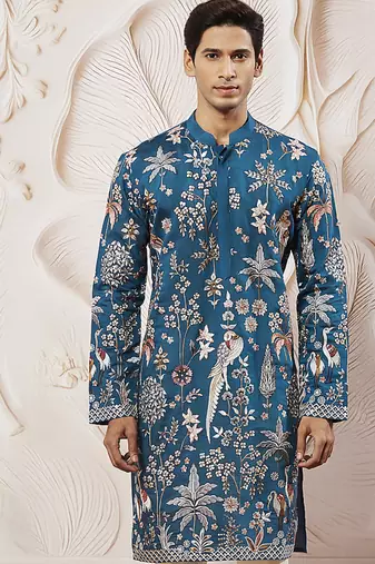 turquoise embroidered mercedes benz silk kurta pyjama set | wedding party wear