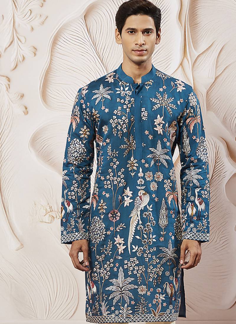 turquoise embroidered mercedes benz silk kurta pyjama set | wedding party wear