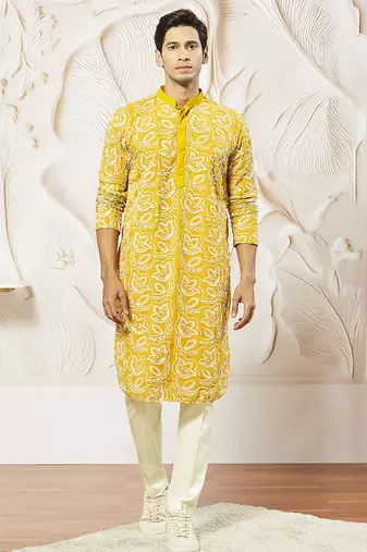 mustard floral embroidered georgette kurta with satin pyjama and dupatta set | 3-piece vibrant festive ethnic wear