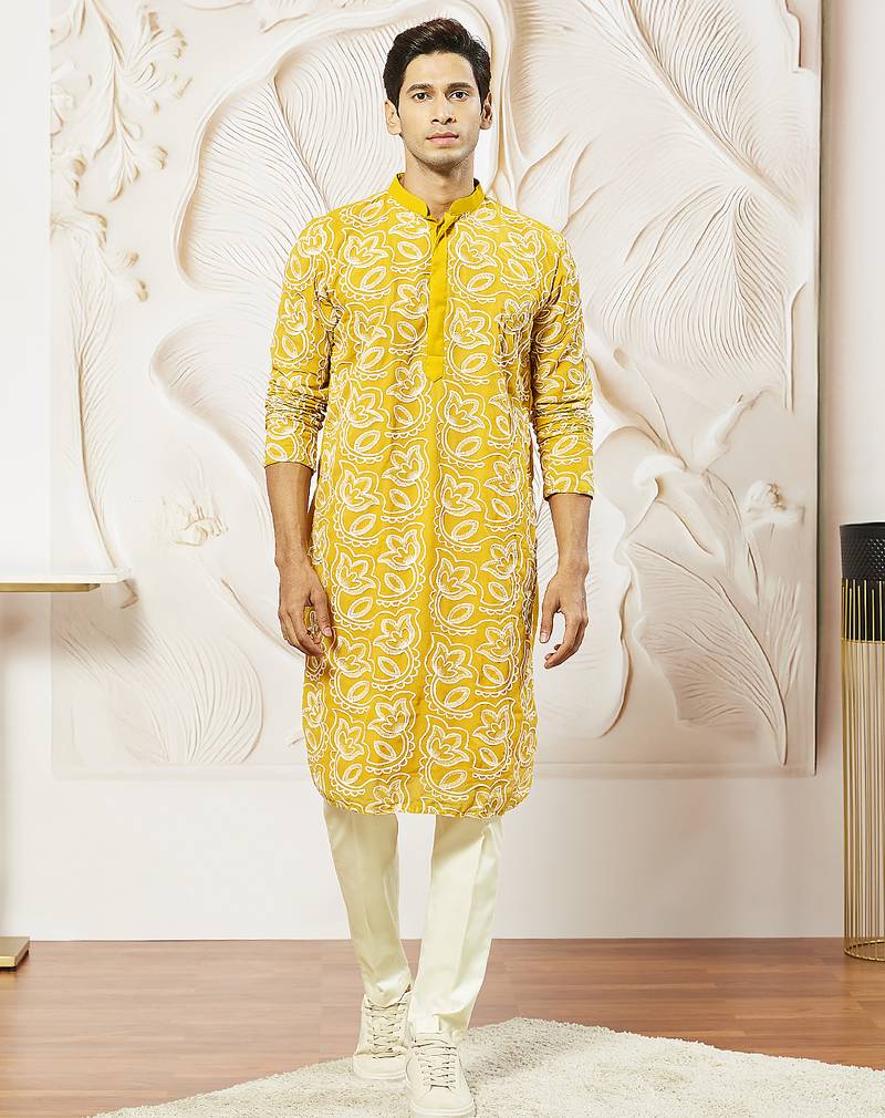 mustard floral embroidered georgette kurta with satin pyjama and dupatta set | 3-piece vibrant festive ethnic wear