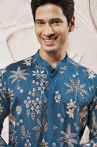 turquoise embroidered mercedes benz silk kurta pyjama set | wedding party wear