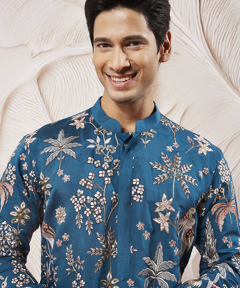 turquoise embroidered mercedes benz silk kurta pyjama set | wedding party wear