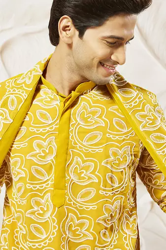 mustard floral embroidered georgette kurta with satin pyjama and dupatta set | 3-piece vibrant festive ethnic wear