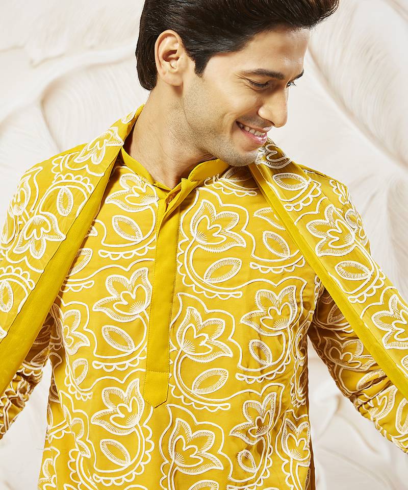 mustard floral embroidered georgette kurta with satin pyjama and dupatta set | 3-piece vibrant festive ethnic wear