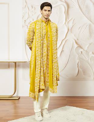 mustard floral embroidered georgette kurta with satin pyjama and dupatta set | 3-piece vibrant festive ethnic wear 4