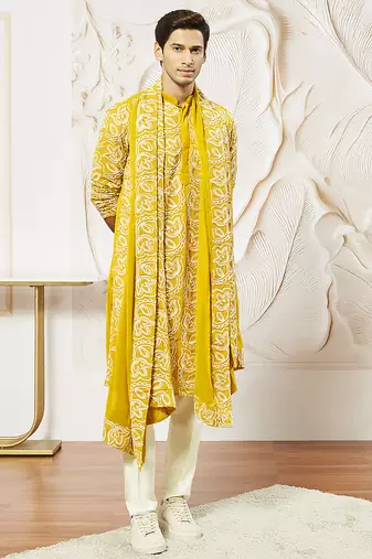 mustard floral embroidered georgette kurta with satin pyjama and dupatta set | 3-piece vibrant festive ethnic wear
