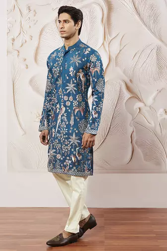 turquoise embroidered mercedes benz silk kurta pyjama set | wedding party wear