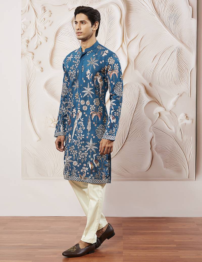 turquoise embroidered mercedes benz silk kurta pyjama set | wedding party wear