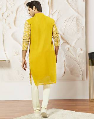 mustard floral embroidered georgette kurta with satin pyjama and dupatta set | 3-piece vibrant festive ethnic wear 5