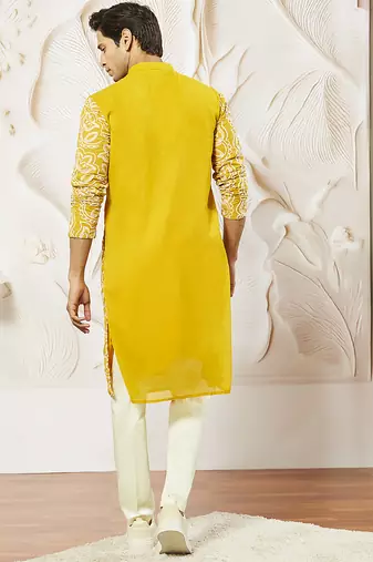 mustard floral embroidered georgette kurta with satin pyjama and dupatta set | 3-piece vibrant festive ethnic wear