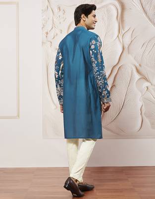 turquoise embroidered mercedes benz silk kurta pyjama set | wedding party wear 5