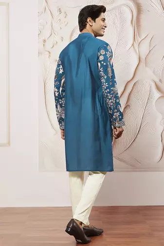 turquoise embroidered mercedes benz silk kurta pyjama set | wedding party wear