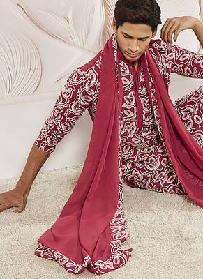 maroon floral embroidered georgette kurta with satin pyjama and dupatta set | 3-piece regal festive ethnic wear 1