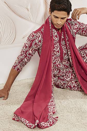 maroon floral embroidered georgette kurta with satin pyjama and dupatta set | 3-piece regal festive ethnic wear