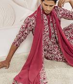 maroon floral embroidered georgette kurta with satin pyjama and dupatta set | 3-piece regal festive ethnic wear