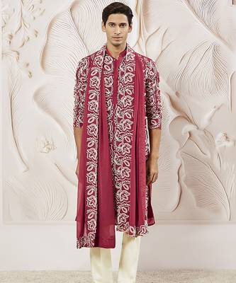 maroon floral embroidered georgette kurta with satin pyjama and dupatta set | 3-piece regal festive ethnic wear 2