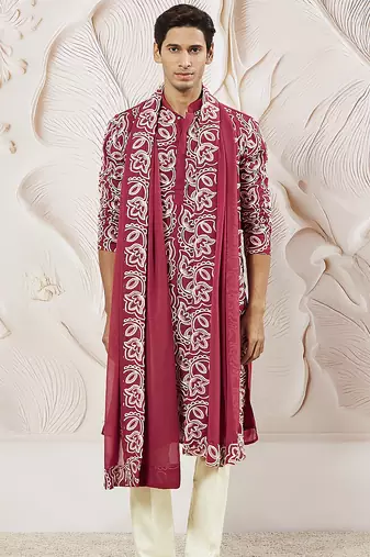 maroon floral embroidered georgette kurta with satin pyjama and dupatta set | 3-piece regal festive ethnic wear