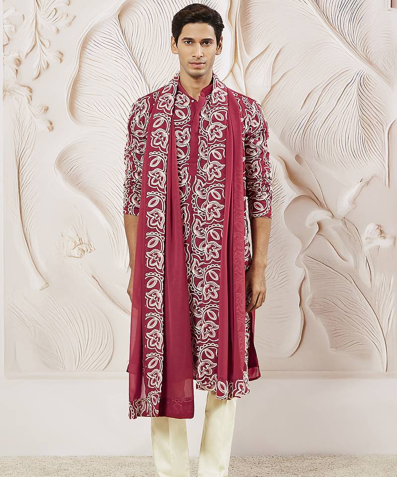 maroon floral embroidered georgette kurta with satin pyjama and dupatta set | 3-piece regal festive ethnic wear