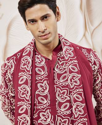 maroon floral embroidered georgette kurta with satin pyjama and dupatta set | 3-piece regal festive ethnic wear 3