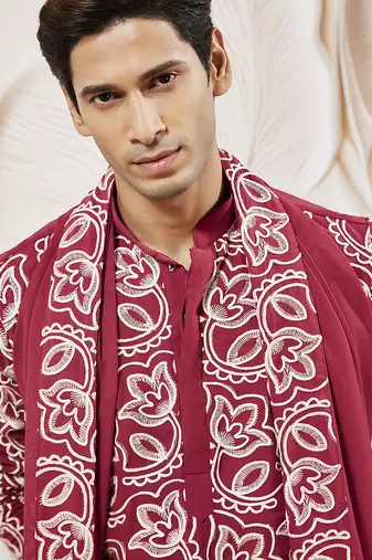 maroon floral embroidered georgette kurta with satin pyjama and dupatta set | 3-piece regal festive ethnic wear