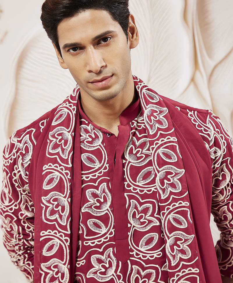 maroon floral embroidered georgette kurta with satin pyjama and dupatta set | 3-piece regal festive ethnic wear