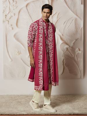maroon floral embroidered georgette kurta with satin pyjama and dupatta set | 3-piece regal festive ethnic wear 4