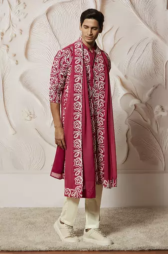 maroon floral embroidered georgette kurta with satin pyjama and dupatta set | 3-piece regal festive ethnic wear