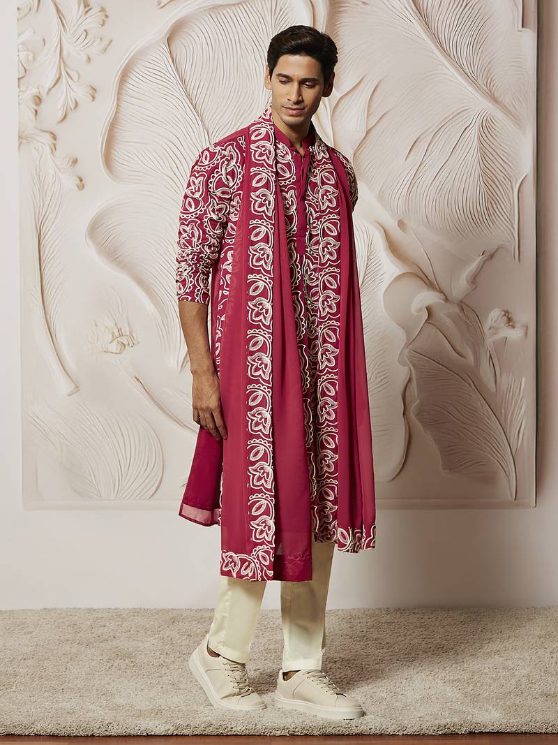 maroon floral embroidered georgette kurta with satin pyjama and dupatta set | 3-piece regal festive ethnic wear