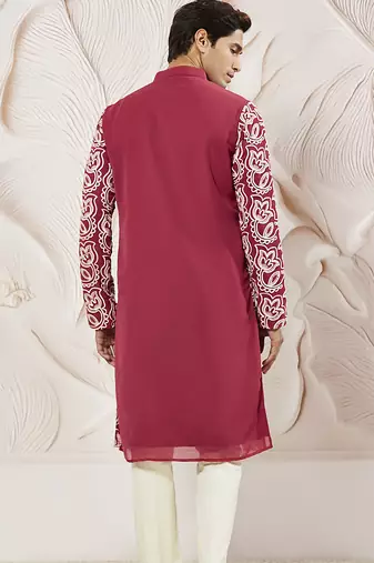 maroon floral embroidered georgette kurta with satin pyjama and dupatta set | 3-piece regal festive ethnic wear