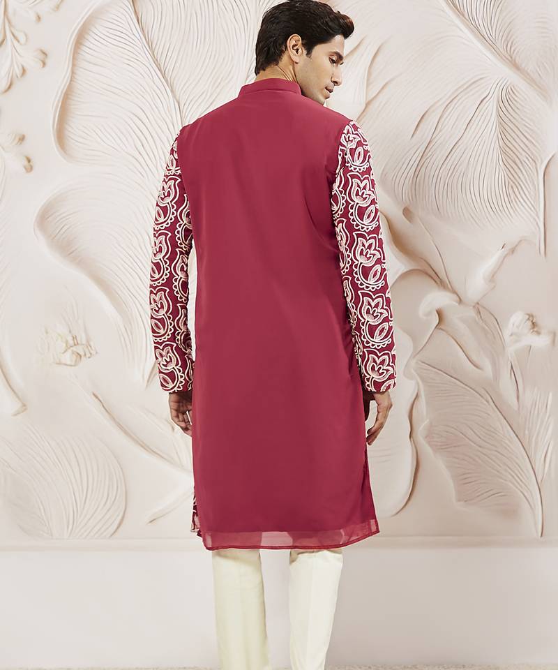 maroon floral embroidered georgette kurta with satin pyjama and dupatta set | 3-piece regal festive ethnic wear