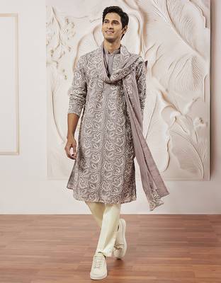 lavender floral embroidered georgette kurta with satin pyjama and dupatta set | 3-piece luxury festive ethnic wear 1