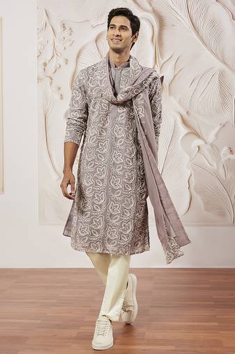 lavender floral embroidered georgette kurta with satin pyjama and dupatta set | 3-piece luxury festive ethnic wear