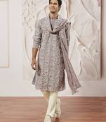 lavender floral embroidered georgette kurta with satin pyjama and dupatta set | 3-piece luxury festive ethnic wear