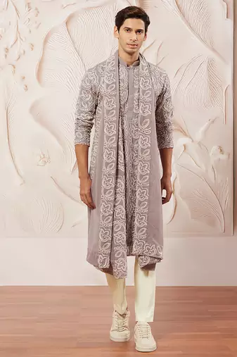 lavender floral embroidered georgette kurta with satin pyjama and dupatta set | 3-piece luxury festive ethnic wear