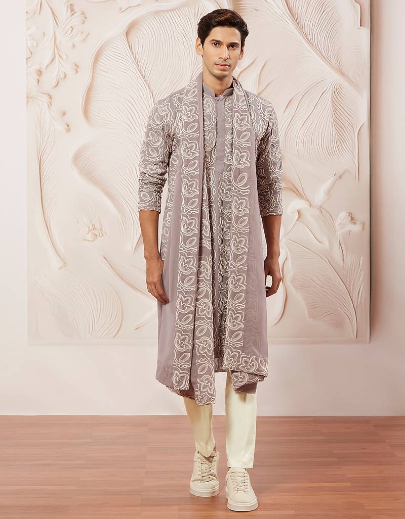 lavender floral embroidered georgette kurta with satin pyjama and dupatta set | 3-piece luxury festive ethnic wear