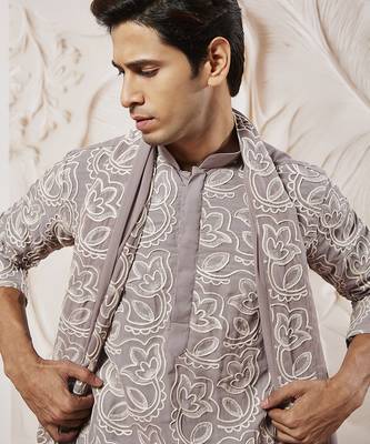 lavender floral embroidered georgette kurta with satin pyjama and dupatta set | 3-piece luxury festive ethnic wear 3