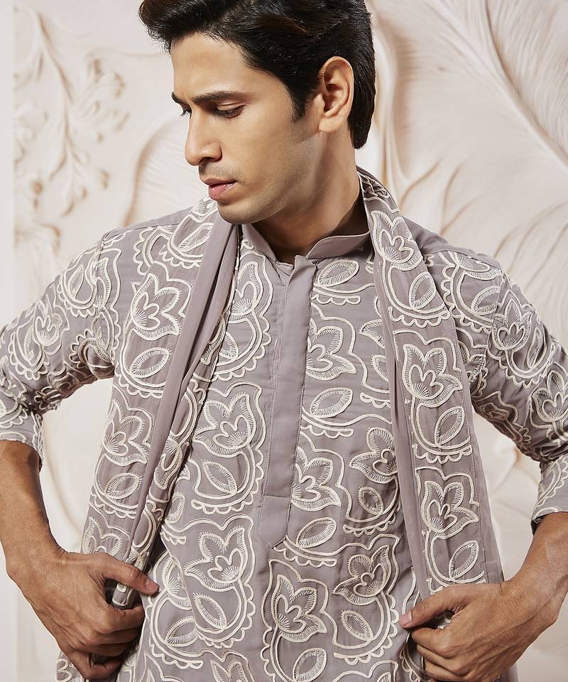 lavender floral embroidered georgette kurta with satin pyjama and dupatta set | 3-piece luxury festive ethnic wear