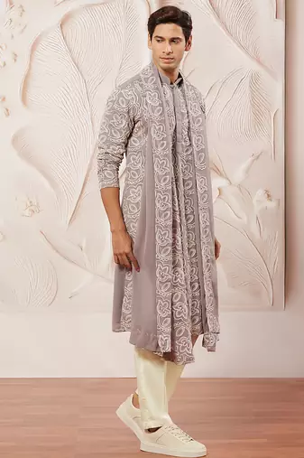 lavender floral embroidered georgette kurta with satin pyjama and dupatta set | 3-piece luxury festive ethnic wear