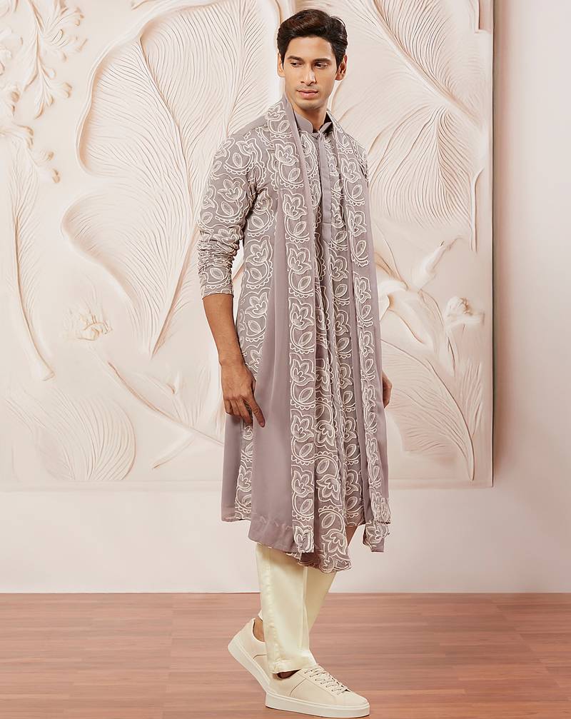 lavender floral embroidered georgette kurta with satin pyjama and dupatta set | 3-piece luxury festive ethnic wear