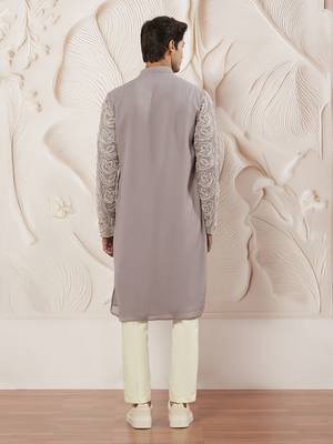 lavender floral embroidered georgette kurta with satin pyjama and dupatta set | 3-piece luxury festive ethnic wear 5