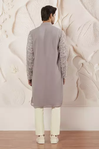 lavender floral embroidered georgette kurta with satin pyjama and dupatta set | 3-piece luxury festive ethnic wear