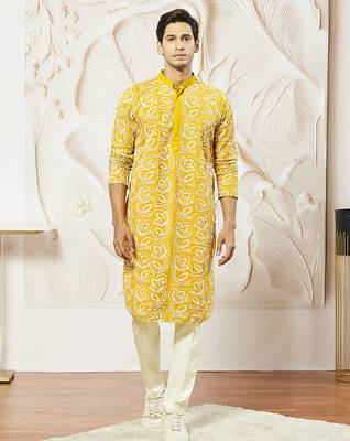 mustard embroidered fox georgette kurta pyjama set | festive party wear 1
