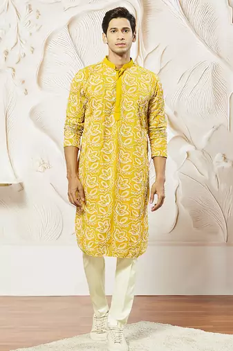 mustard embroidered fox georgette kurta pyjama set | festive party wear