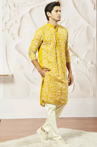 mustard embroidered fox georgette kurta pyjama set | festive party wear