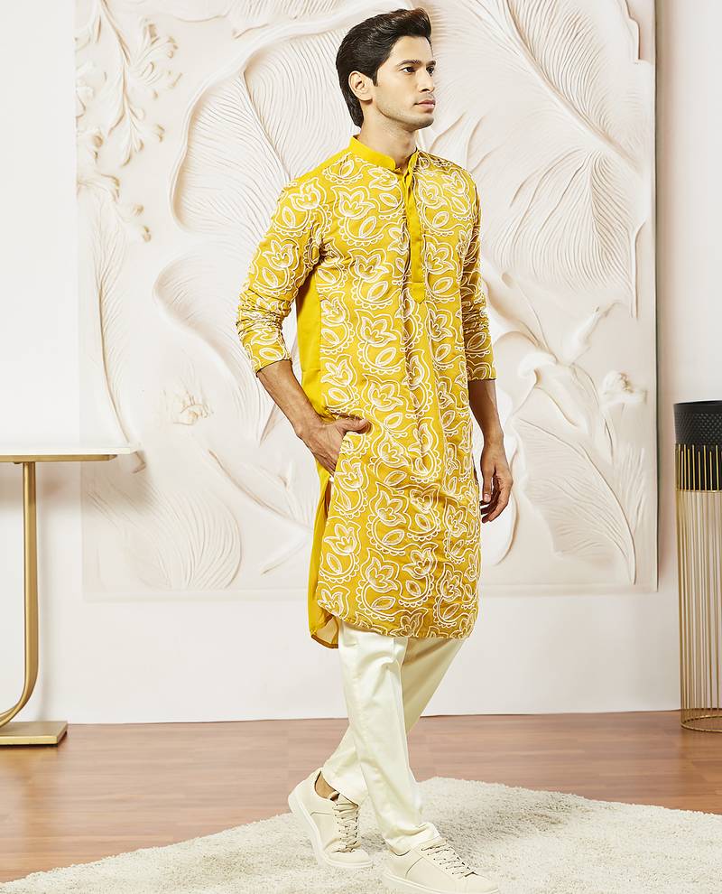 mustard embroidered fox georgette kurta pyjama set | festive party wear
