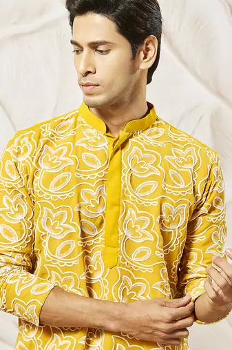mustard embroidered fox georgette kurta pyjama set | festive party wear