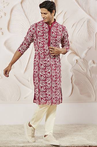 maroon embroidered fox georgette kurta pyjama set | festive party wear