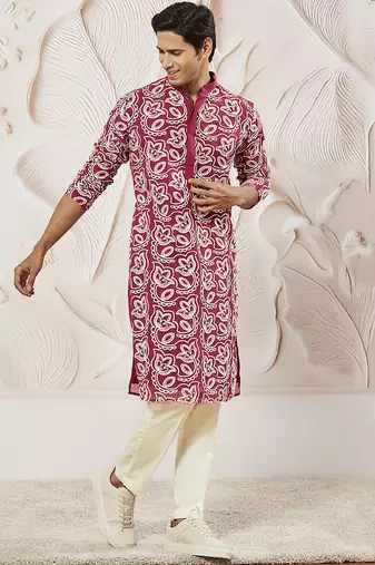 maroon embroidered fox georgette kurta pyjama set | festive party wear
