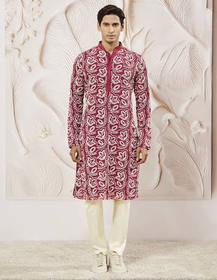 maroon embroidered fox georgette kurta pyjama set | festive party wear 2